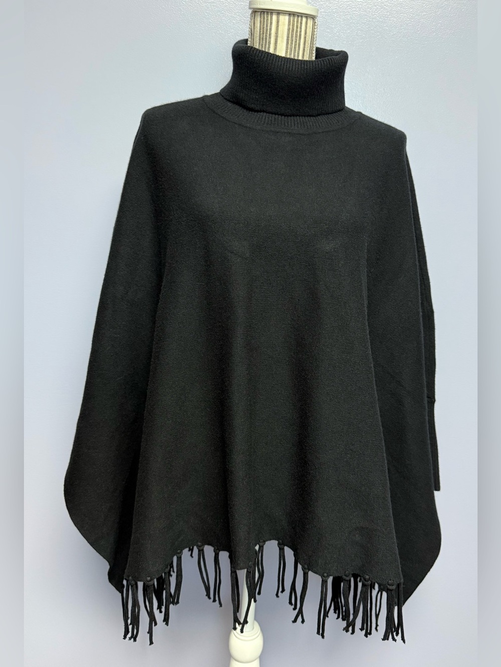 House of Harlow Black Turtleneck Fringe Poncho Sweater - Women OS
